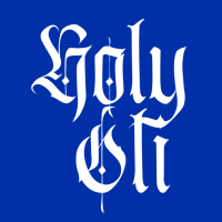 Holy Olivia branding logo in white Gothic calligraphy on royal-blue background.